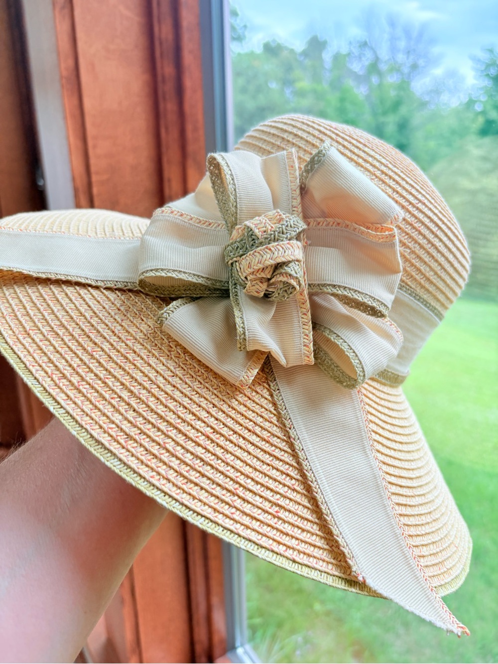 Daniele Meucci Italian Straw Sun Hat Tan Cream Green Bow Beach 🏝️ Made in Italy